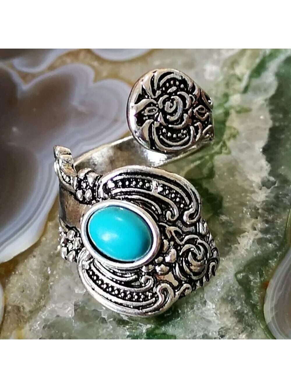 Boho Rose and Flowers with Faux Turquoise Adjustable Spoon Ring #1221 - Picture 13 of 16